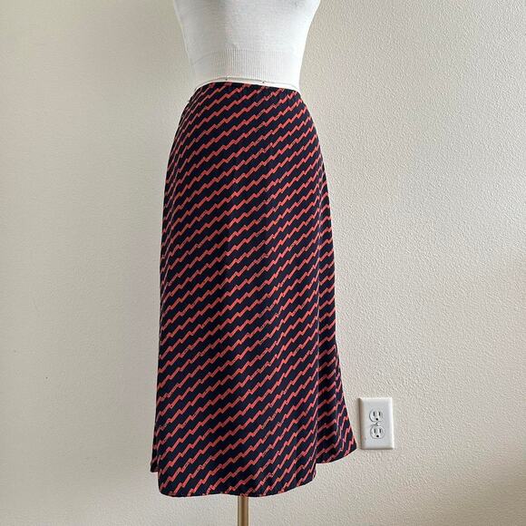 handmade navy blue orange satin chevron print midi skirt - Picture 2 of 7